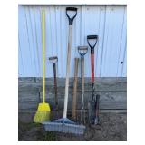 Axe, Pitch Fork, Shovels (2) Snow Shovel, Broom,