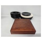 Assorted Plates & Bowls, Cutlery Wooden Box