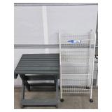 White 4-Tier Wire Rolling Cart, Wood Side Table