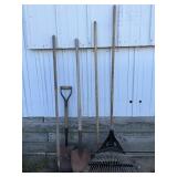 Shovels (2) Hoe, Push Broom, Metal Rake