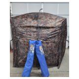 Pop Up Camo Blind, 2 Blue Lawn Chairs