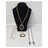 Silver Tone Cross Necklaces(2), Stone Pendant
