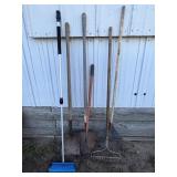 Shovels (2) Metal Rakes (3) Push Brooms