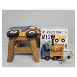 Wooden Dumptruck Kids Stool, Dumptruck Lamp,