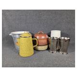 Stoneware Lidded Crock, Enamel Coated Pitcher,