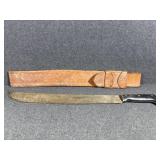 Vintage Military Machete in a Brown Leather Sheath