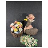 Fabric Goose, Basket, Faux Flowers