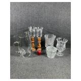 Glass Pitcher, Wooden Candle Holder