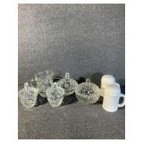 Salt And Pepper Shakers, Glass Dishes With Lids