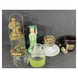 Oil Lantern, Jars, Milk Glass Lamp Base