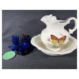 Ceramic Pitcher and Basin with Butterfly, Blue