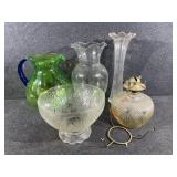 Tote with 2 Glass Vases, Green Plastic Pitcher,