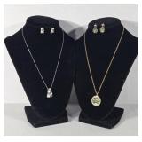 .925 Abalone Inlay Necklace and Earrings, Gold