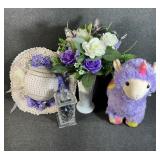 Glass Vase With Faux Purple And White Flowers,