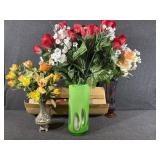 Iridescent Vase with Faux Flowers, Green Glass