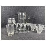 Etched Glass Pitcher, Various Etched Glasses