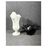 Fenton Black Amethyst Bowl, Milk Glass Vase