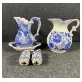 Japanese Blue and White Floral Pitcher,