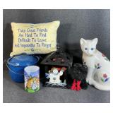 Ceramic Cat, Enamel Pot,Holiday Candles, Pillow