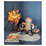 Ceramic Scarecrow Figurine Holding Baskets, Sign