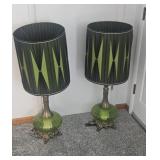 Mid Century Green Glass and Brass Table Lamps (2)