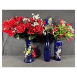 Blue Glass Vases (3) with Artificial Flowers