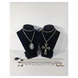 Gold Tone Cross Necklace, Floral Plastic