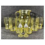 Yellow Glass Etched Pitcher and Cups(6), Yellow