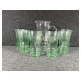 Clear Glass Etched Pitcher with Green Uranium