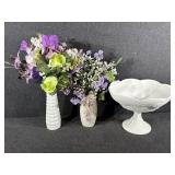 Milk Glass Pedestal Bowl, Milk Glass Vase, Faux
