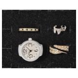 Geneva Finger Watch, Silver Tone Bull Ring, Gold