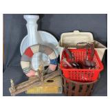 White Plastic Bird Bath, Plastic Tub, Cloth Wreath