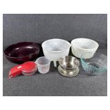 Pyrex bowl, cherry pitter, plastic bowl