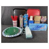 Paper plates, straws, paper cups, napkins
