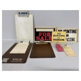 Clipboard, For Sale Signs, No Hunting Or