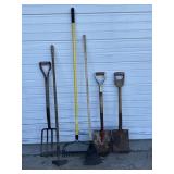 Shovels (2) Hoe, Pitch Fork, Rakes(2)