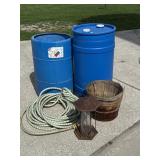 Blue Plastic Barrels, Bird Feeder, Garden Hose