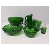 Anchor Hocking Green Pitcher and 5 Tumblers