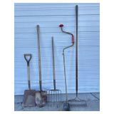 Pitch Fork, Shovels (2) Hand Auger, Rake