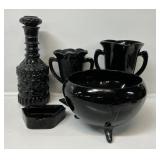Black Glass Dishes: Decanter, Footed Round Bowl,