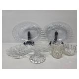 Light Blue Glass Platters(2), Glass Bowls(3),