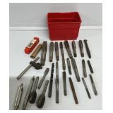 Taps, Reamers, Drill Bits In A Small Red Bin