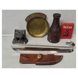 Leather Bottle, Brass Pocket Change Dish, Bucks