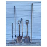 Square Shovels (2) Pitch Fork, Rakes (2)