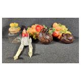 Chalkware Fruit Plaques, Ceramic Quail Figurines