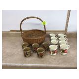 8 Pier One mugs & 5 vintage mugs in basket