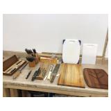 Various knives and cutting boards