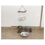 Two owl figurines robin figurine wind chime rose dish