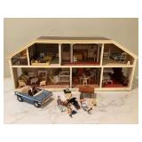 Vintage dollhouse with accessories and Lundby toy car Vintage dollhouse with accessories and Lundby toy car