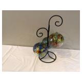 3 BLOWN GLASS SPHERES W STAND - GLASS